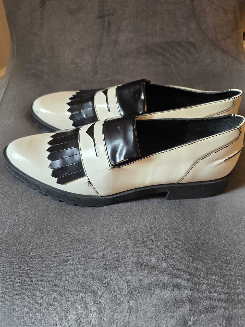 Miista Black & White Leather Fringe Penny Loafers Lug Sole Size 41 Made in Spain - Picture 3 of 6